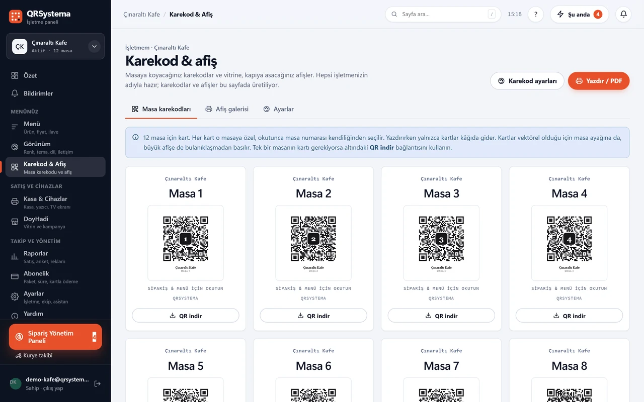 Her masa için hazır karekod kartları