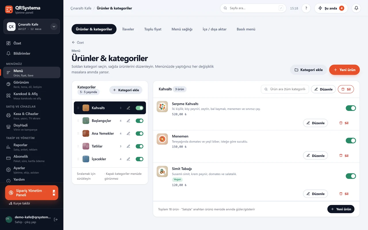 İşletme panelinde ürünler ve kategoriler ekranı