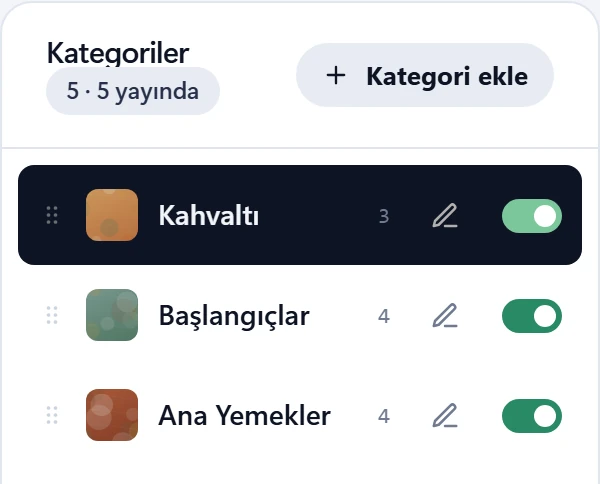 Kategori listesi: her kategori tek dokunuşla menüde açılıp kapanır