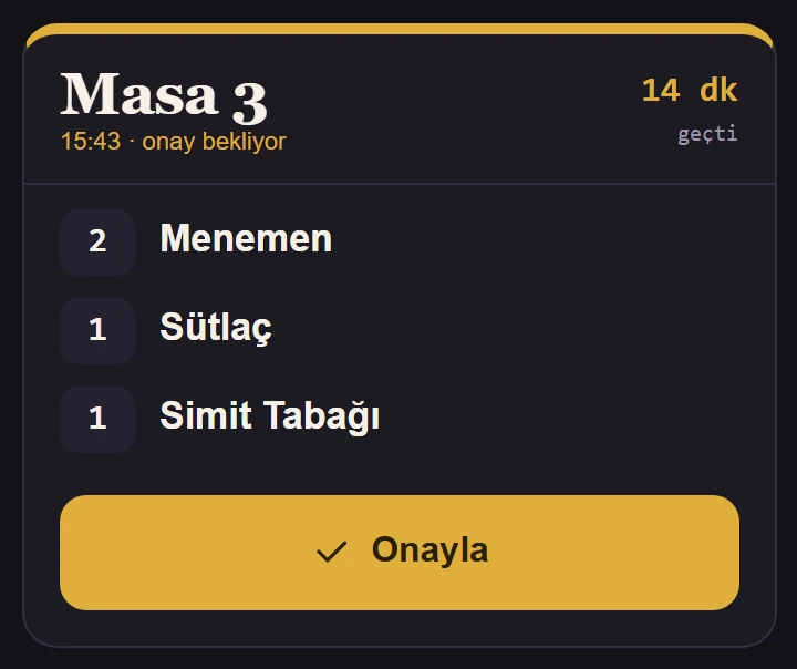 Mutfak ekranında masa siparişleri ve Onayla düğmesi